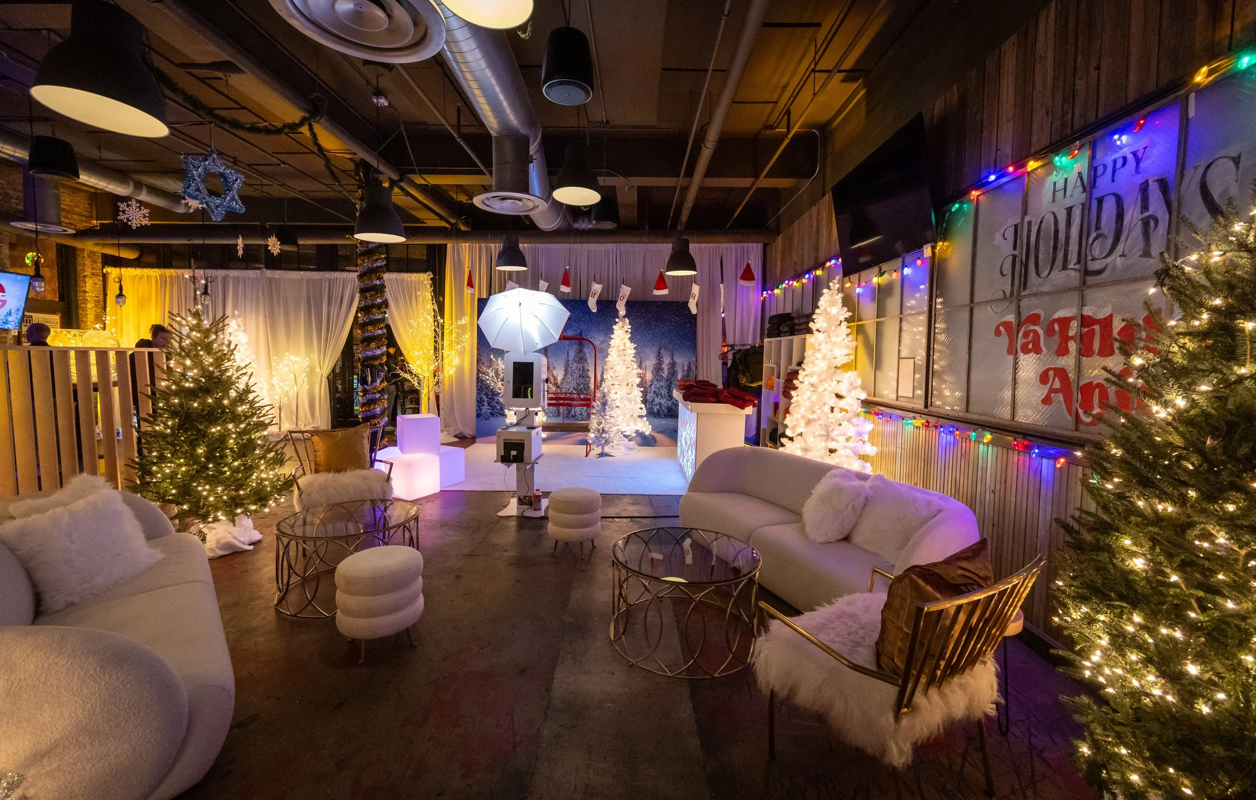 Christmas holiday party set up with lounge and ski lift photo op at the LSG holiday party 2023 produced by Stratus Firm, an event production company in Washington DC