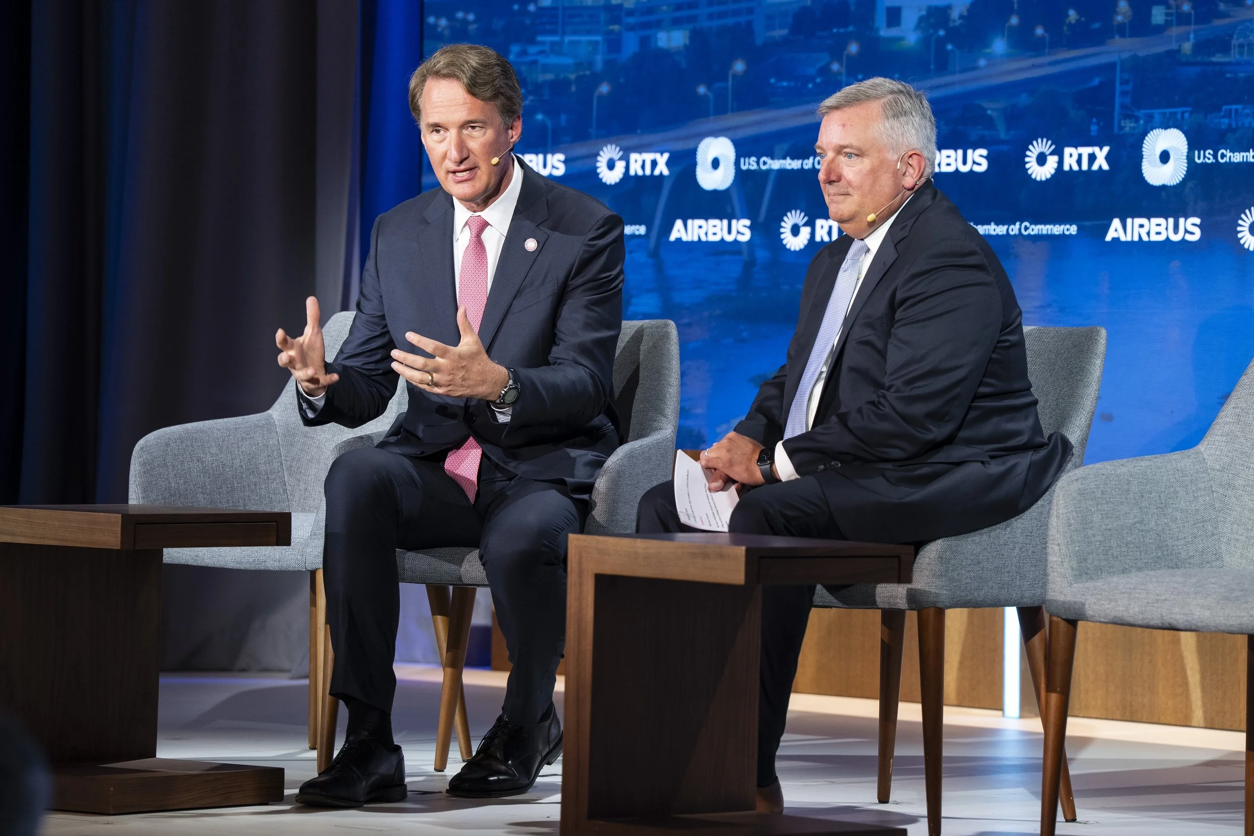 Two leaders onstage for a panel discussion during the 2025 Global Aerospace Summit. Event produced by Stratus Firm, an event agency located in Washington, DC