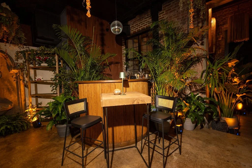 A small side table with two tall chairs, surrounded by plants, with a disco ball hanging from the ceiling