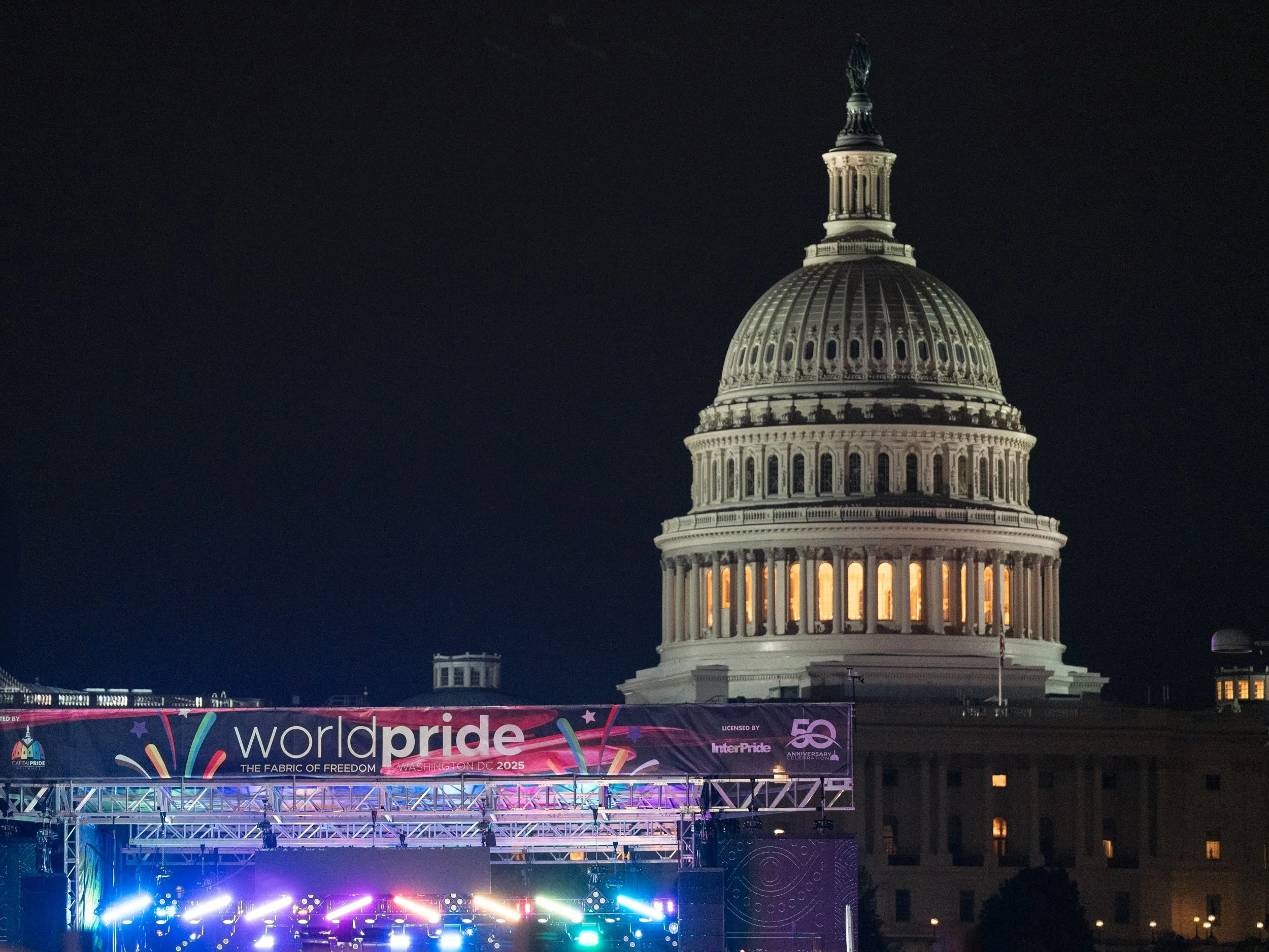 2025 World Pride outdoor stage in front of the US Capitol Business in Washington DC. World Pride event hosted by Capital Pride Alliance and produced by Stratus Firm, a DC event production company.