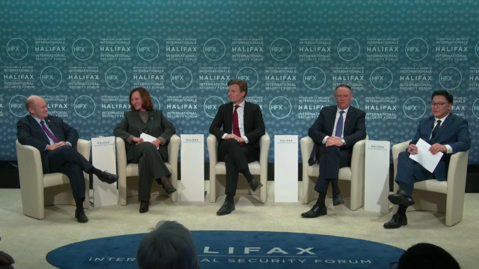 Panelist on stage during the Halifax International Security Forum hosted in Halifax, Nova Scotia, Canada. Event produced by Stratus Firm, a DC event production company.