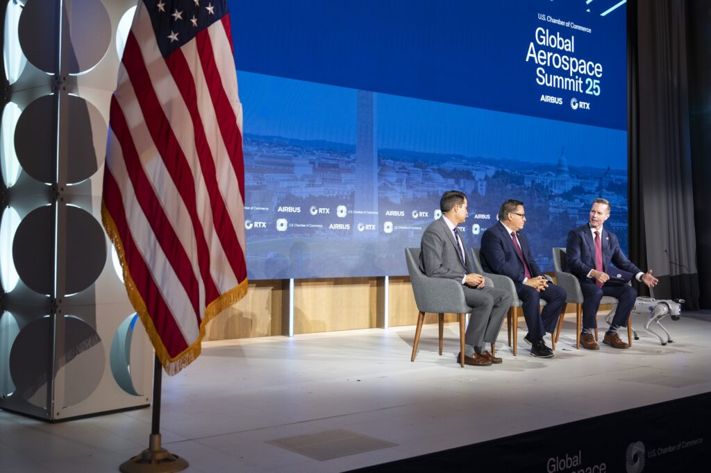 Democratic Representative from Massachusetts Seth Moulton (L), Ranking Member of the House Subcommittee on Strategic Forces; Democratic Representative from California Representative Salud Carbajal (C), Member, House Armed Services Committee; and Rodney Davis (R), Head of Government Affairs, U.S. Chamber of Commerce; speak during day two of the 2025 Global Aerospace Summit at the U.S. Chamber of Commerce in Washington, DC, USA, 10 September, 2025. Photo by Joshua Roberts / © U.S. Chamber of Commerce
