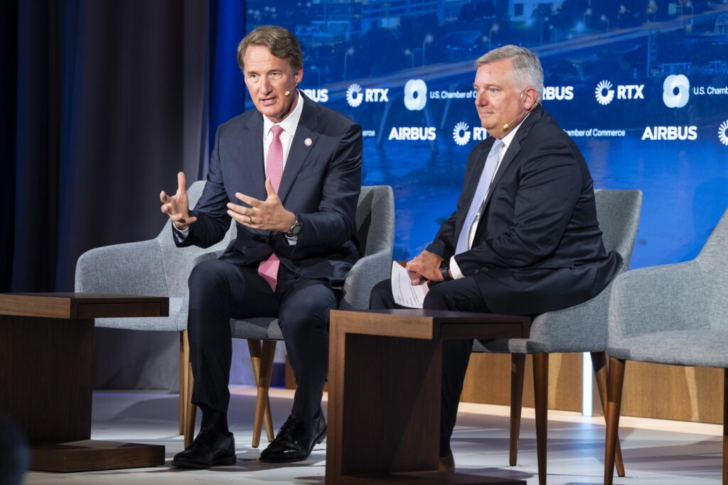 Glenn Youngkin (L), Governor of the Commonwealth of Virginia; and Neil Bradley (R), Executive Vice President, Chief Policy Officer, and Head of Strategic Advocacy, U.S. Chamber of Commerce; speak during day two of the 2025 Global Aerospace Summit at the U.S. Chamber of Commerce in Washington, DC, USA, 10 September, 2025. Photo by Joshua Roberts / © U.S. Chamber of Commerce