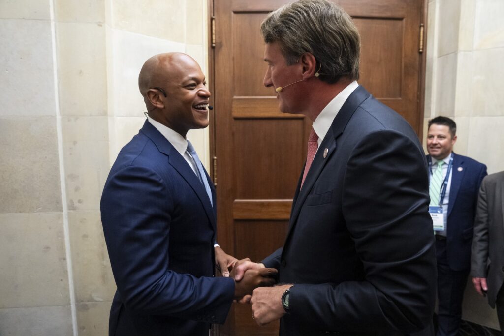 Glenn Youngkin (R), Governor of the Commonwealth of Virginia; greets Wes Moore (L) of the State of Maryland; during day two of the 2025 Global Aerospace Summit at the U.S. Chamber of Commerce in Washington, DC, USA, 10 September, 2025. Photo by Joshua Roberts / © U.S. Chamber of Commerce