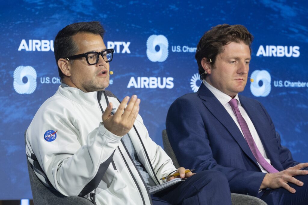 Head of Global Security, Government, and Aerospace Policy, Amazon Web Services, Peter Marquez (L); and Vice President, Government Operations and Business Strategy, Rocket Lab Corporation, Andrew Bunker (R); participate in a discussion entitled, “Space Policy in Motion”; during day three of the 2025 Global Aerospace Summit at the U.S. Chamber of Commerce in Washington, DC, USA, 11 September, 2025. Photo by Michael Reynolds / © U.S. Chamber of Commerce