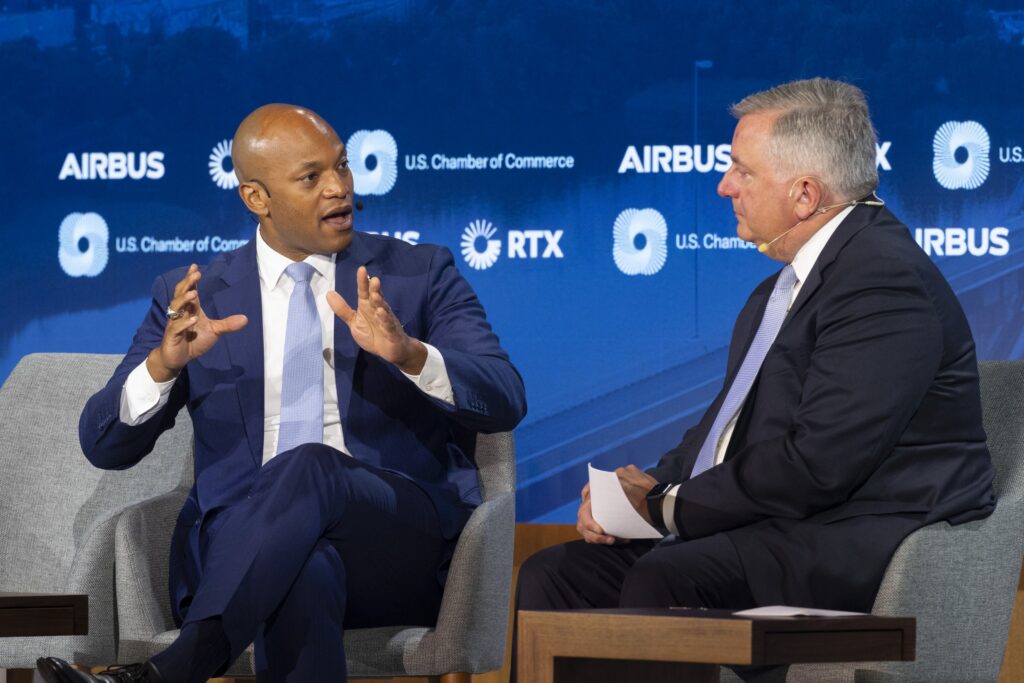 Governor of Maryland Wes Moore (L); participates in a discussion entitled, “Maryland in Focus”, with Executive Vice President, Chief Policy Officer, and Head of Strategic Advocacy at the U.S. Chamber of Commerce, Neil Bradley (R); during day two of the 2025 Global Aerospace Summit at the U.S. Chamber of Commerce in Washington, DC, USA, 10 September, 2025. Photo by Michael Reynolds / © U.S. Chamber of Commerce