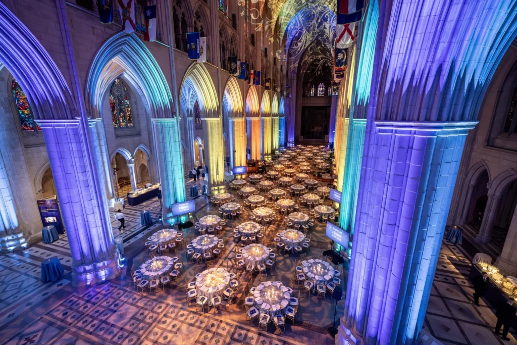 Event tables in elegant setting at the National Cathedral. Event produced by Stratus Firm in Washington DC